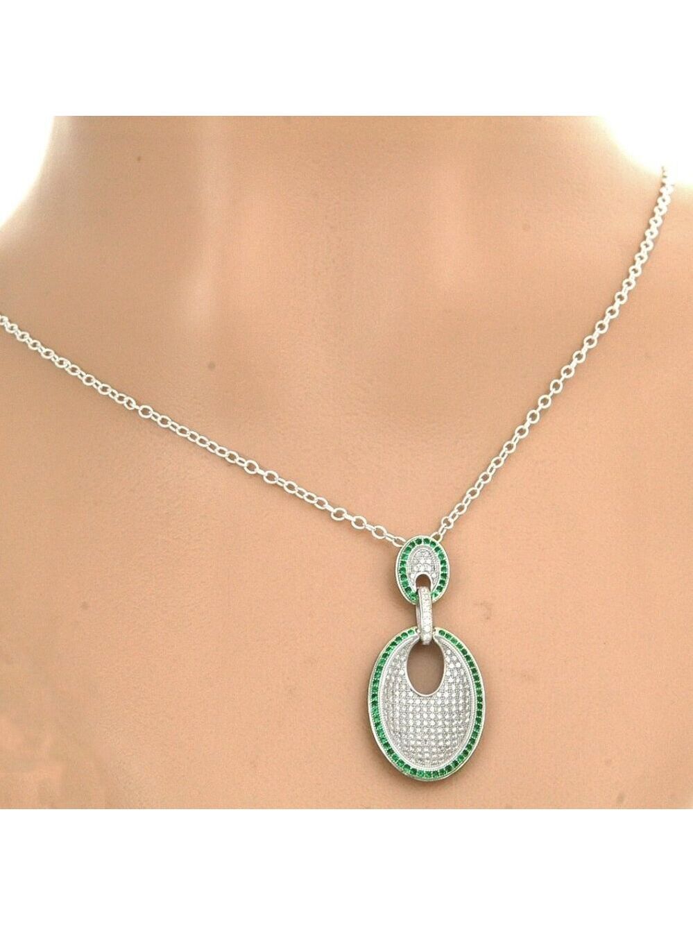 925 STERLING SILVER MICROPAVE GREEN SPINEL & WHITE CZ 1-1/2" NECKLACE